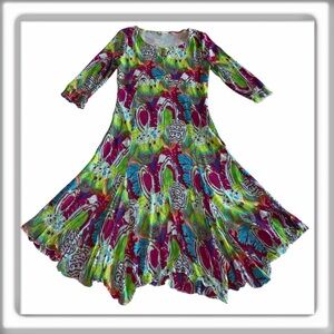 URU MIDI Dress Size Small Rainbow Psychedelia Pattern 3/4 Sleeve Square Neck